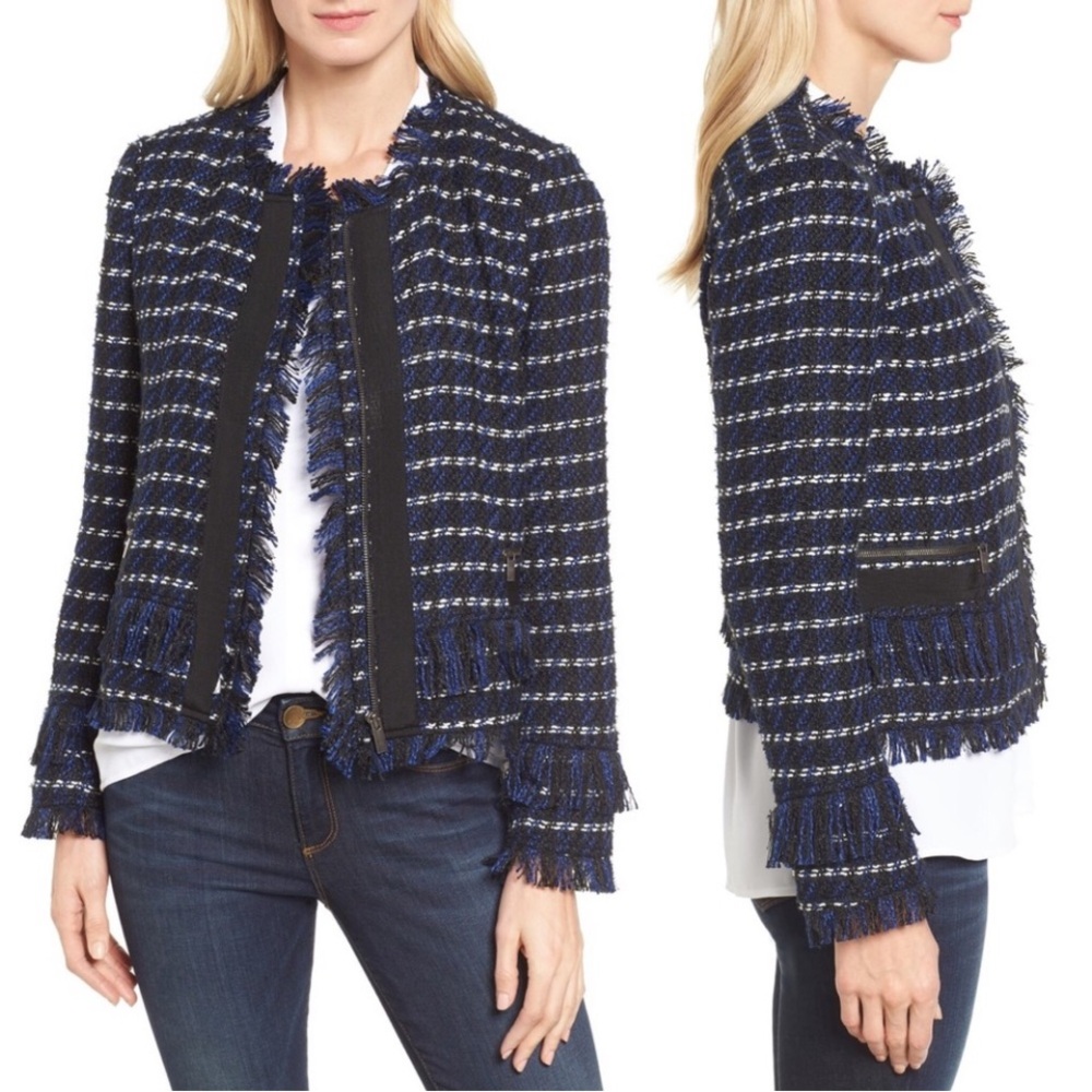 Fringed Navy Tweed Open-Front Jacket
